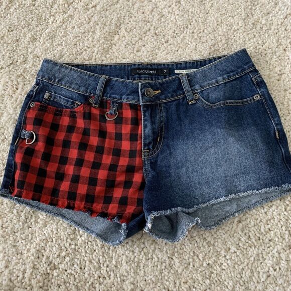 Blackheart Pants - Blackheart Jean Shorts Juniors Size 7 Blue Low Rise Cutoffs w Red Black Check